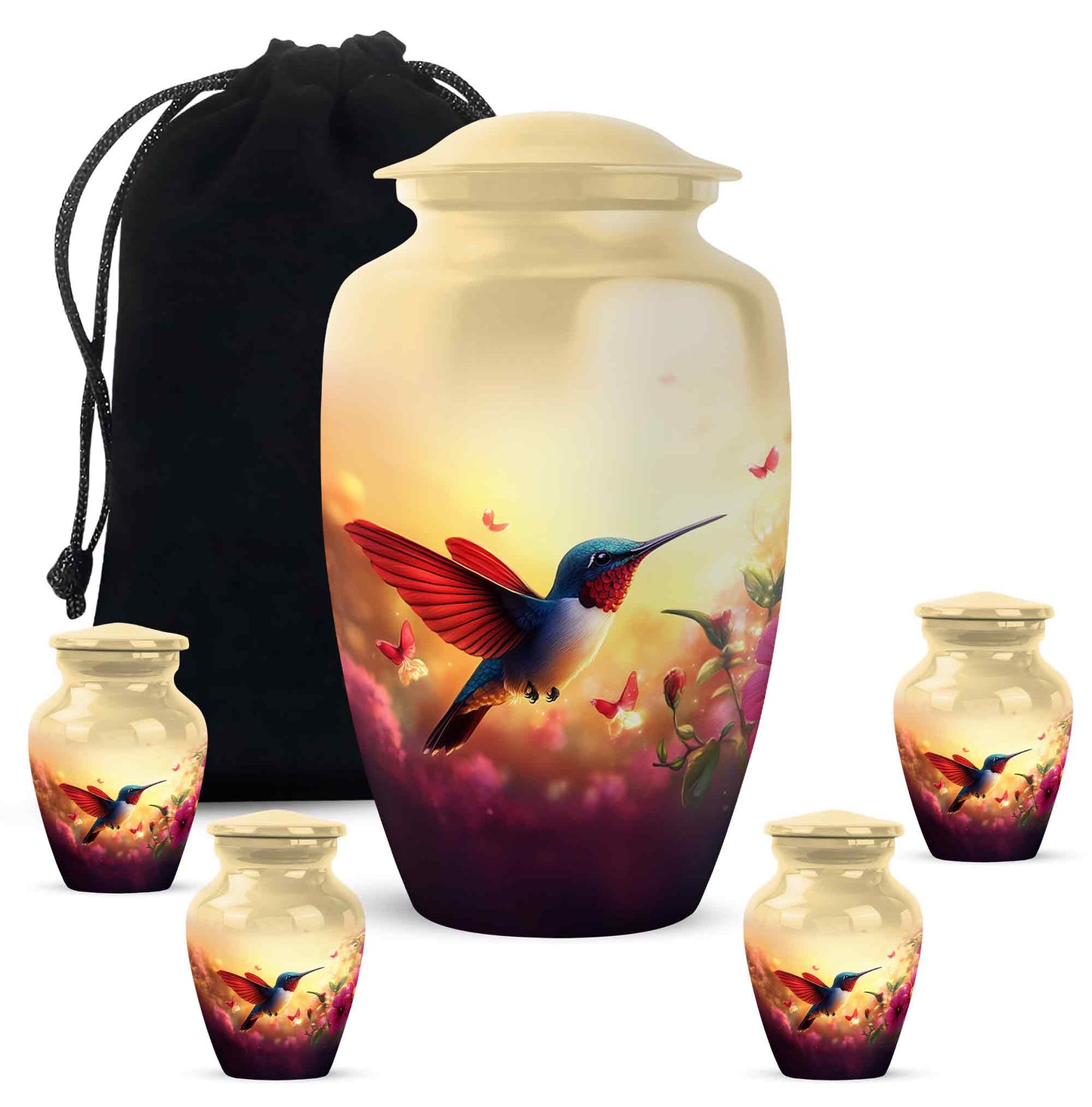 Royal Gold Hummingbird Cremation Urn top-down view of secure threaded lid - traditional hummingbird engraving with hand-polished finish - memorial set with one large and four small urns