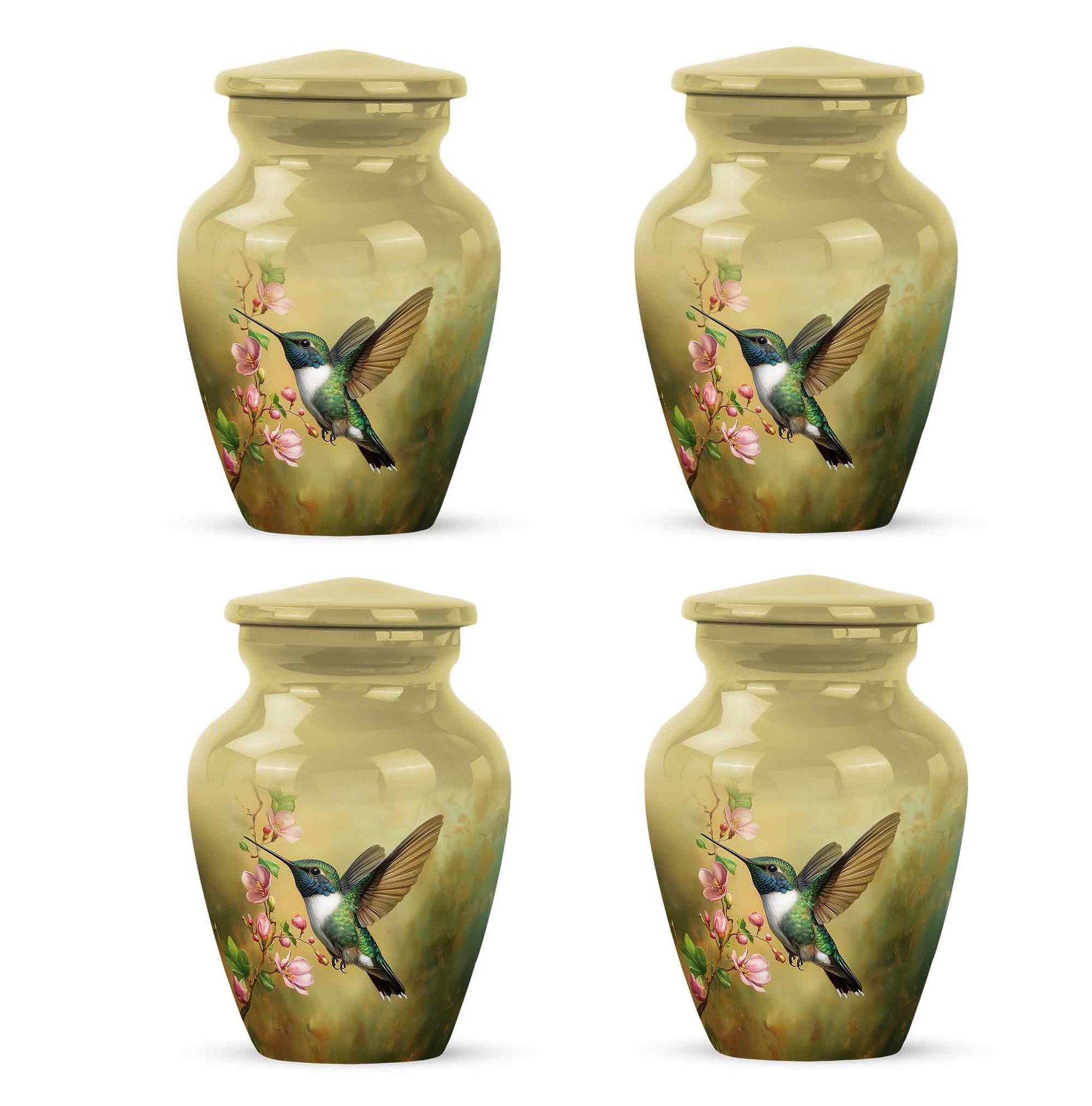 Matte Gold Hummingbird Cremation Urn side profile showing urn shape - traditional hummingbird engraving with hand-polished finish - 10 inch aluminum urn for cremated remains