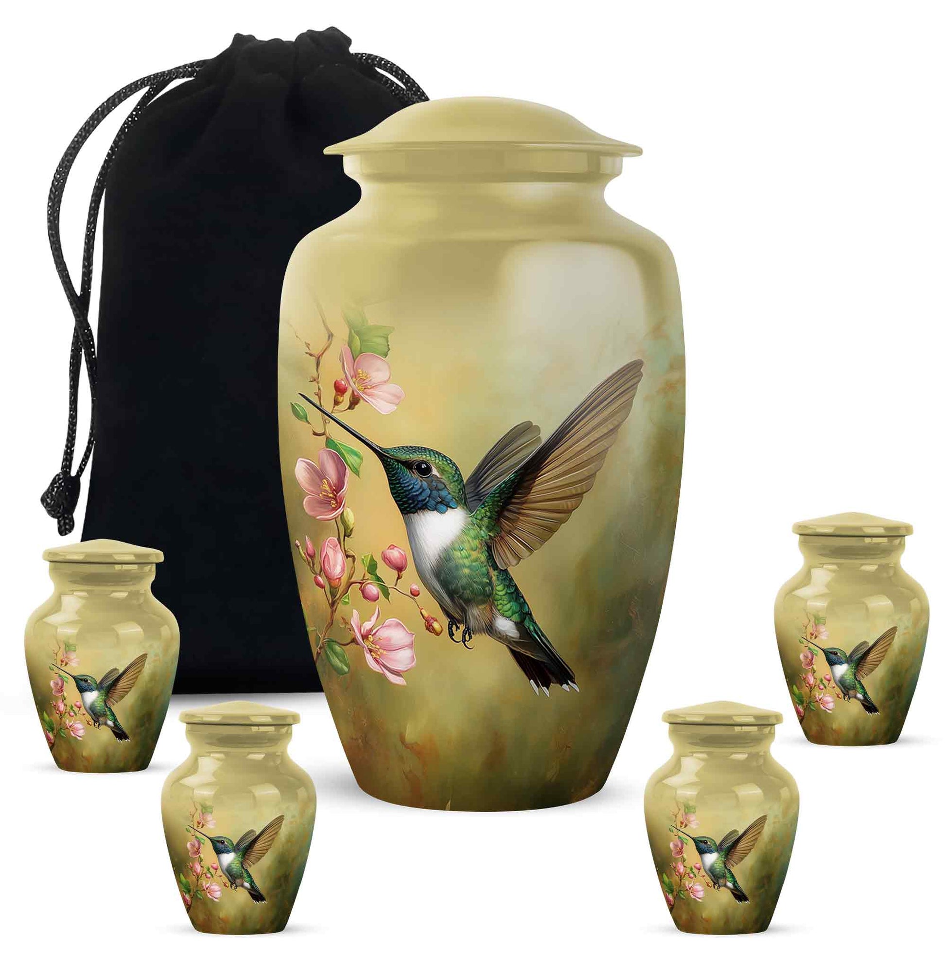 Matte Gold Hummingbird Cremation Urn top-down view of secure threaded lid - traditional hummingbird engraving with hand-polished finish - memorial set with one large and four small urns