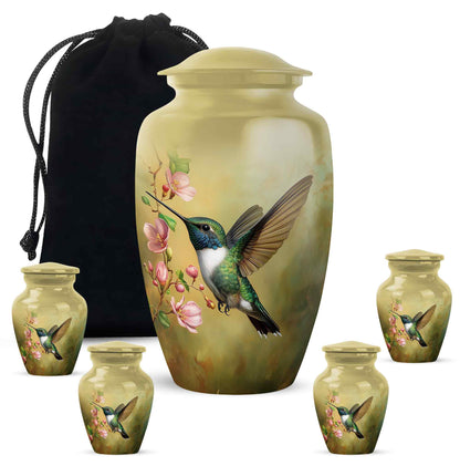 Matte Gold Hummingbird Cremation Urn top-down view of secure threaded lid - traditional hummingbird engraving with hand-polished finish - memorial set with one large and four small urns