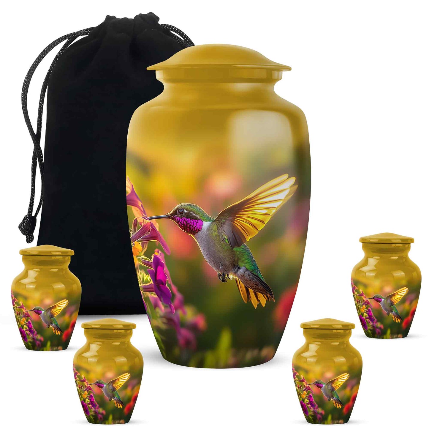 Royal Gold Hummingbird Cremation Urn top-down view of secure threaded lid - elegant classic hummingbird relief with fine detailing - memorial set with one large and four small urns