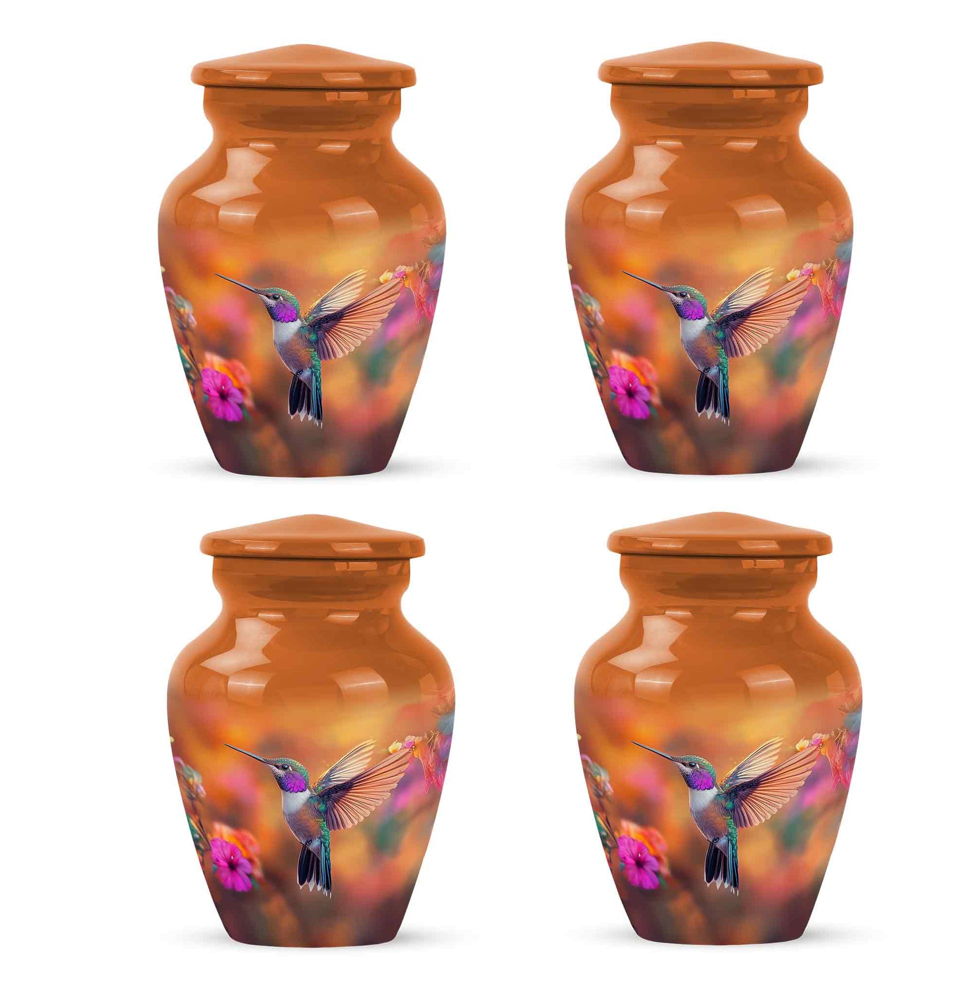 Royal Gold Hummingbird Cremation Urn side profile showing urn shape - traditional hummingbird engraving with hand-polished finish - 10 inch aluminum urn for cremated remains