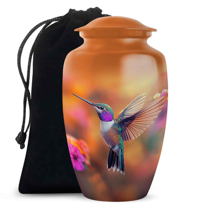 Harvest Gold Hummingbird Cremation Urn angled view of lid and engraved motif - elegant classic hummingbird relief with fine detailing - full-size 10 inch 200 cubic inch adult cremation urn