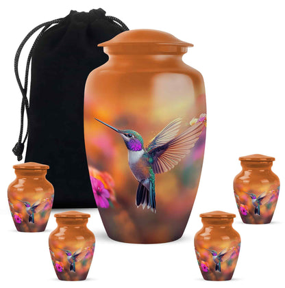 Matte Gold Hummingbird Cremation Urn top-down view of secure threaded lid - elegant classic hummingbird relief with fine detailing - memorial set with one large and four small urns