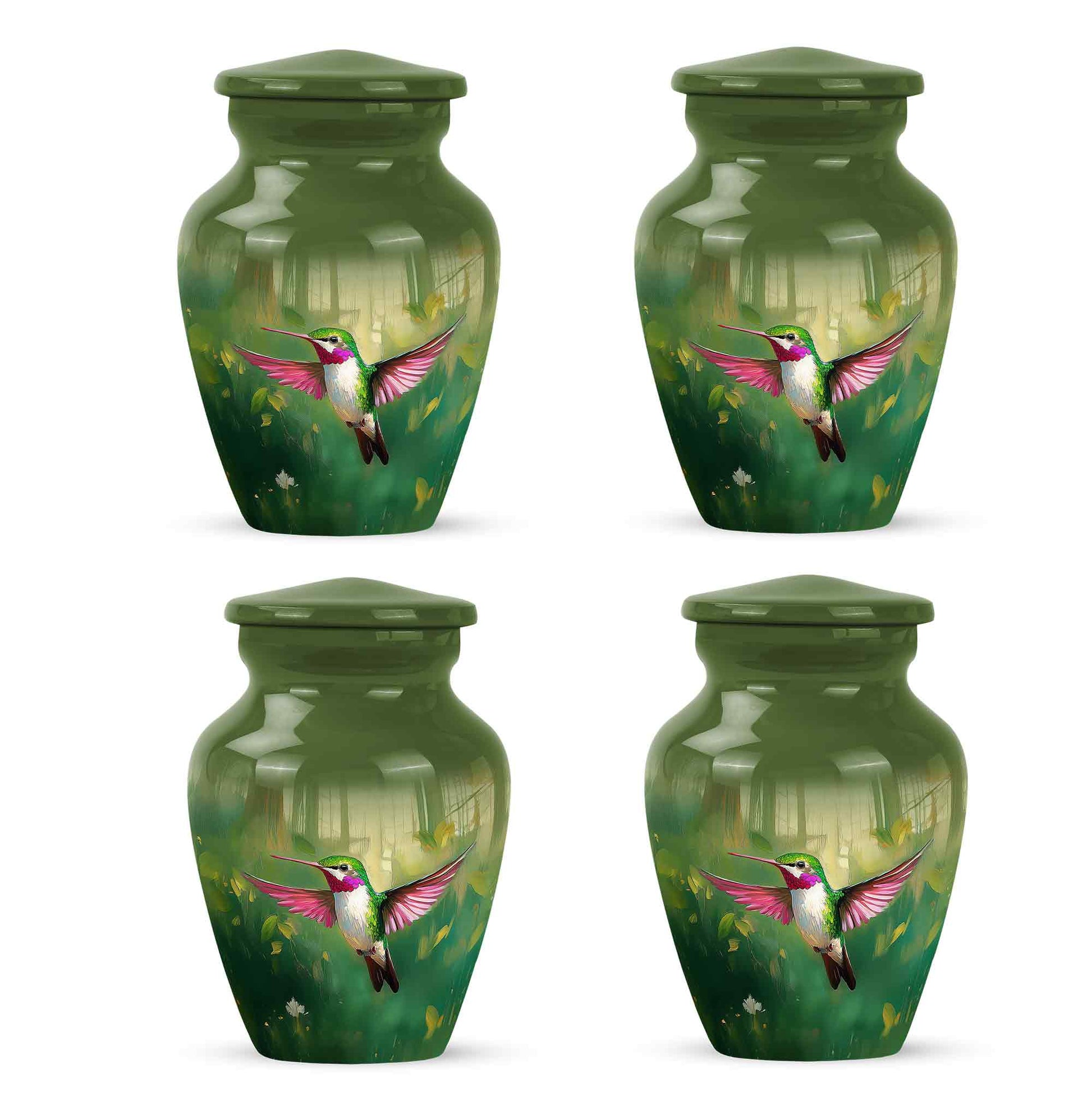 Sage Green Hummingbird Cremation Urn side profile showing urn shape - classic sculpted hummingbird pattern on smooth aluminum - 10 inch aluminum urn for cremated remains
