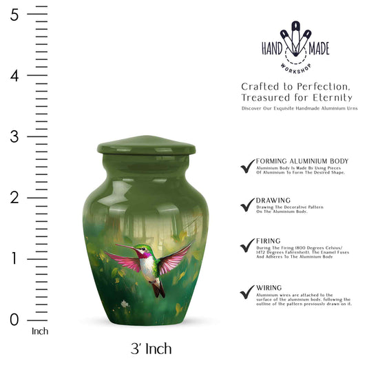 Emerald Green Hummingbird Cremation Urn close-up of engraving and surface detail - classic sculpted hummingbird pattern on smooth aluminum - mini keepsake memorial for portion of cremation ashes