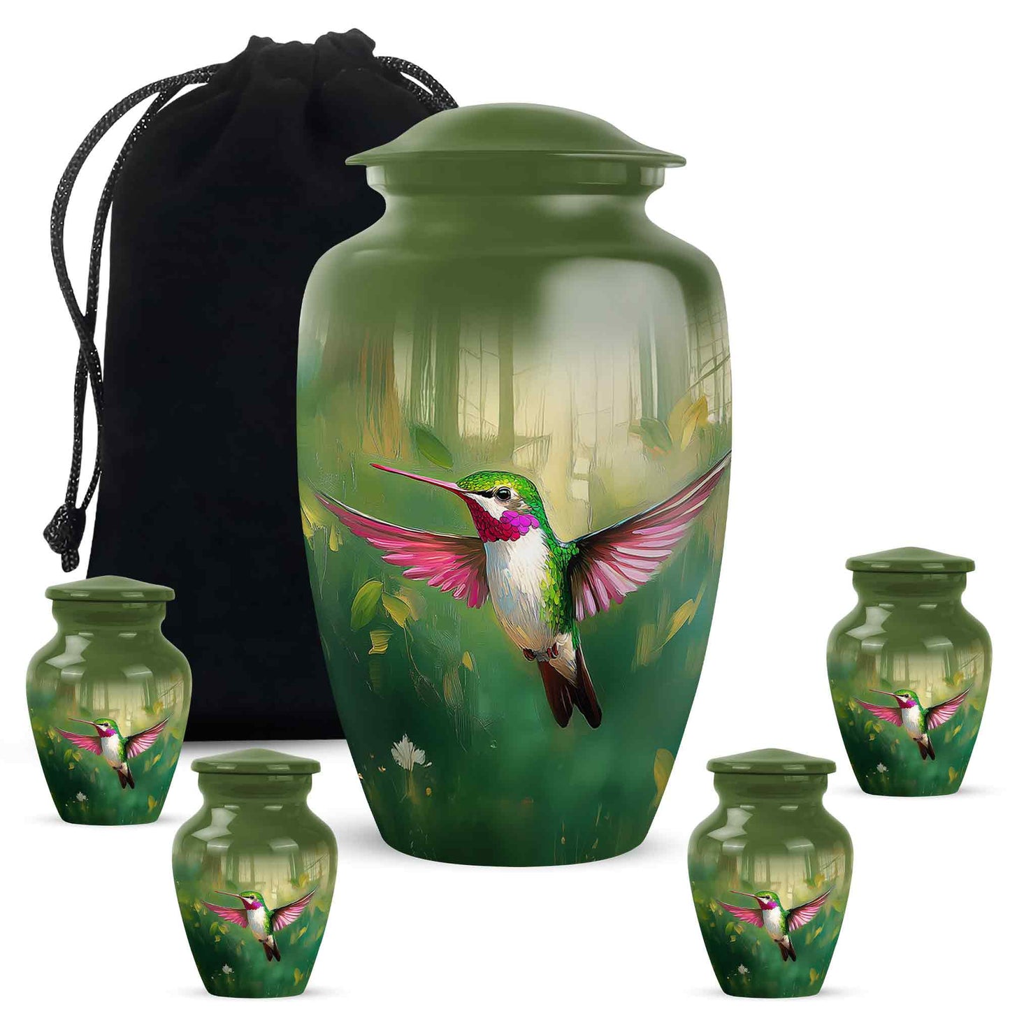 Moss Green Hummingbird Cremation Urn top-down view of secure threaded lid - classic sculpted hummingbird pattern on smooth aluminum - memorial set with one large and four small urns
