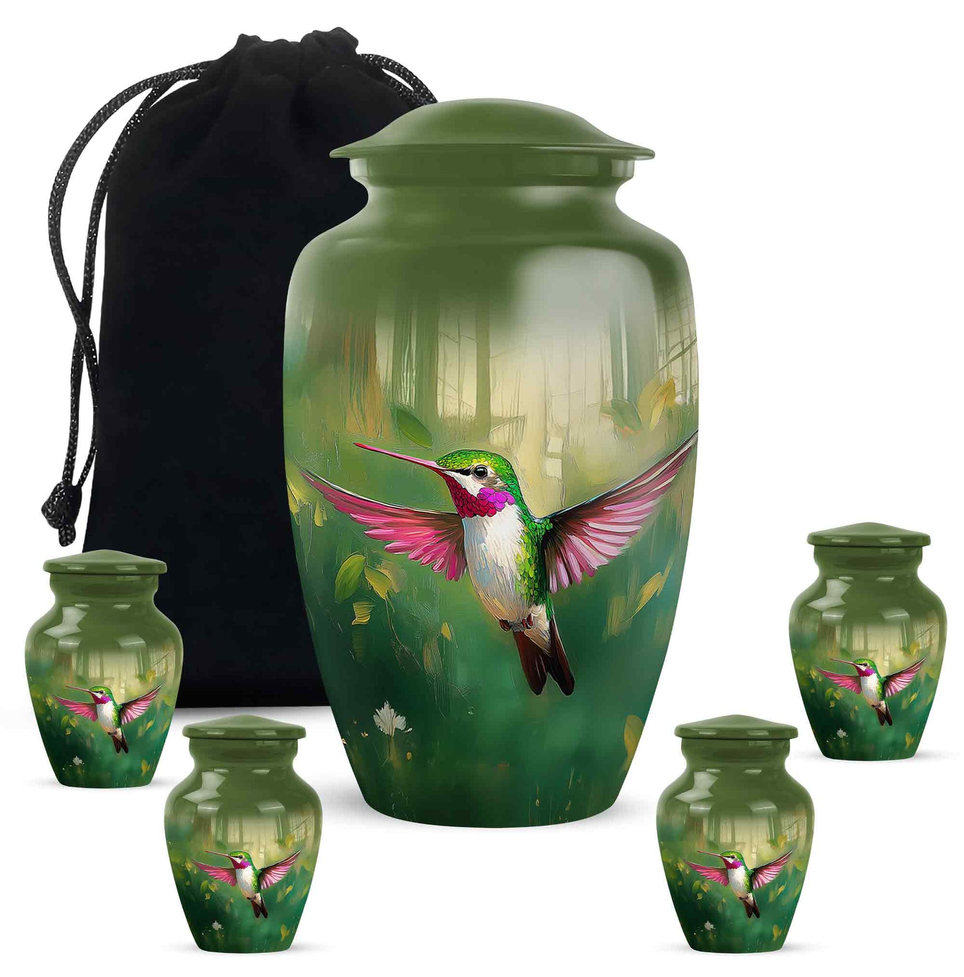 Moss Green Hummingbird Cremation Urn top-down view of secure threaded lid - classic sculpted hummingbird pattern on smooth aluminum - memorial set with one large and four small urns