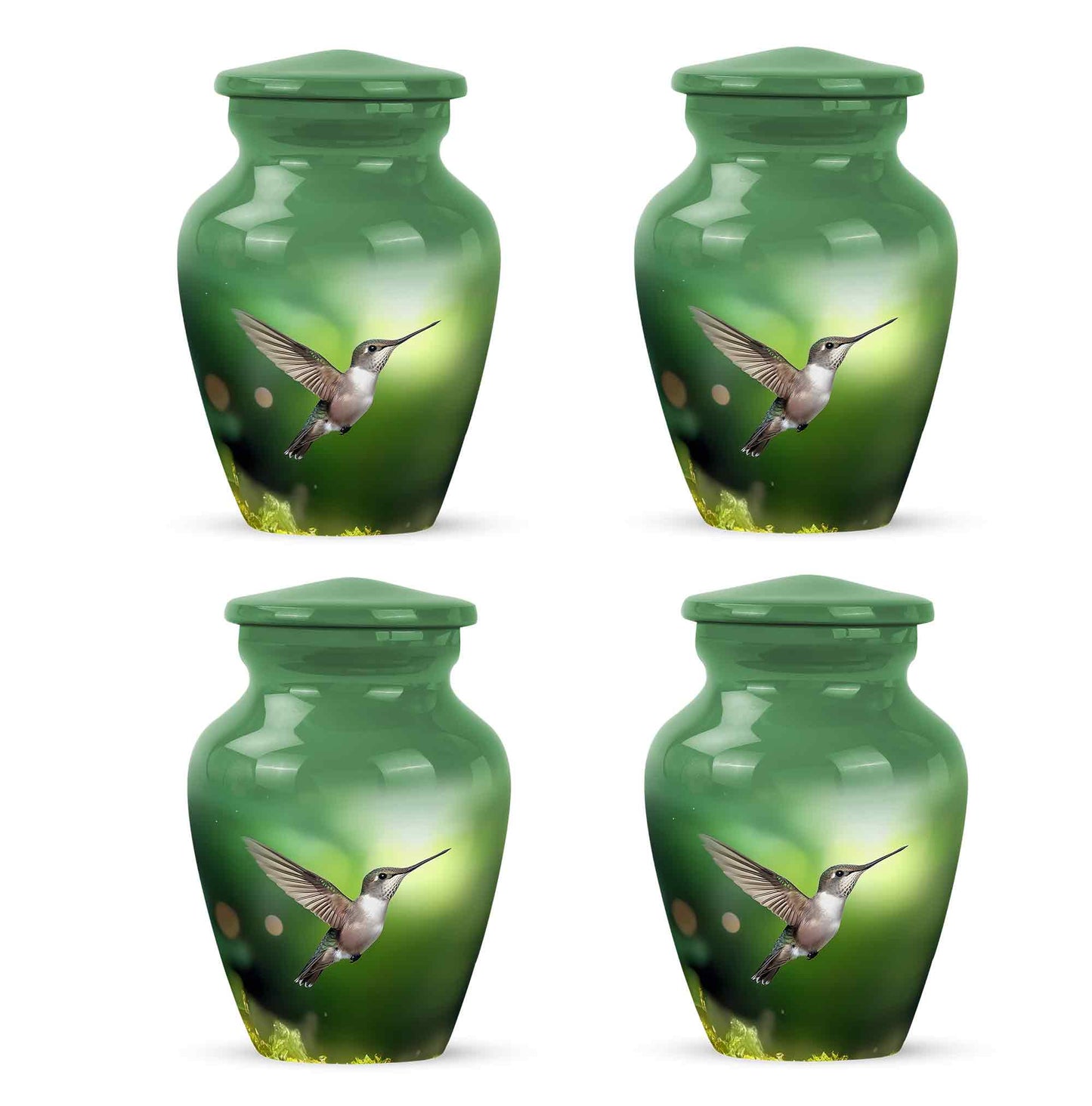Hunter Green Hummingbird Cremation Urn side profile showing urn shape - elegant classic hummingbird relief with fine detailing - 10 inch aluminum urn for cremated remains