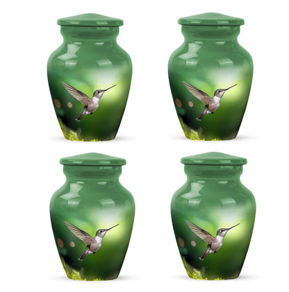 Hunter Green Hummingbird Cremation Urn side profile showing urn shape - elegant classic hummingbird relief with fine detailing - 10 inch aluminum urn for cremated remains