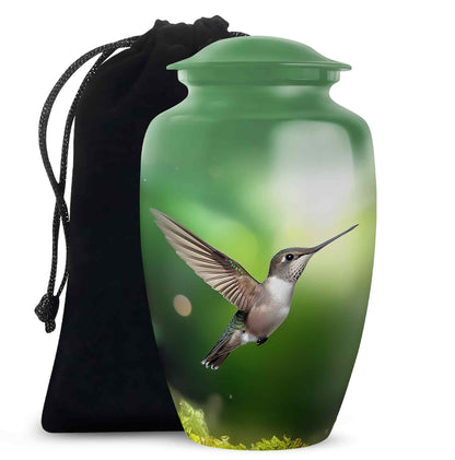 Sage Green Hummingbird Cremation Urn angled view of lid and engraved motif - classic sculpted hummingbird pattern on smooth aluminum - full-size 10 inch 200 cubic inch adult cremation urn
