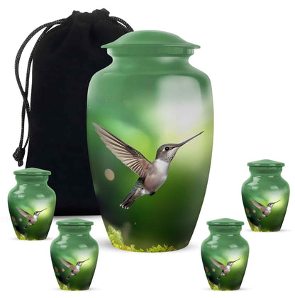 Forest Green Hummingbird Cremation Urn top-down view of secure threaded lid - elegant classic hummingbird relief with fine detailing - memorial set with one large and four small urns