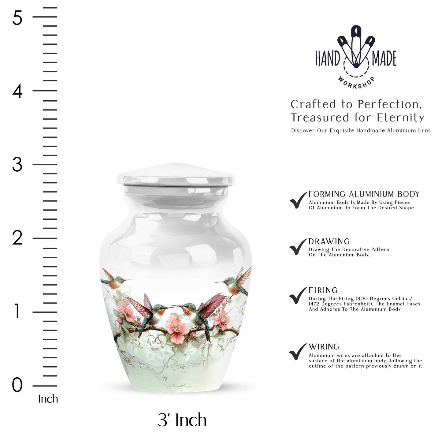 Platinum Silver Hummingbird Cremation Urn close-up of engraving and surface detail - timeless hummingbird motif etched into premium metal - mini keepsake memorial for portion of cremation ashes