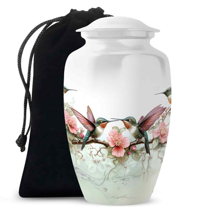 Brushed Silver Hummingbird Cremation Urn angled view of lid and engraved motif - classic sculpted hummingbird pattern on smooth aluminum - full-size 10 inch 200 cubic inch adult cremation urn