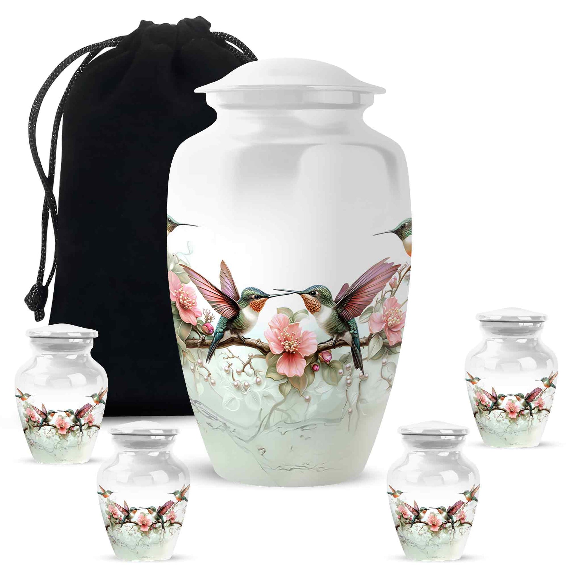 Frosted Silver Hummingbird Cremation Urn top-down view of secure threaded lid - traditional hummingbird engraving with hand-polished finish - memorial set with one large and four small urns