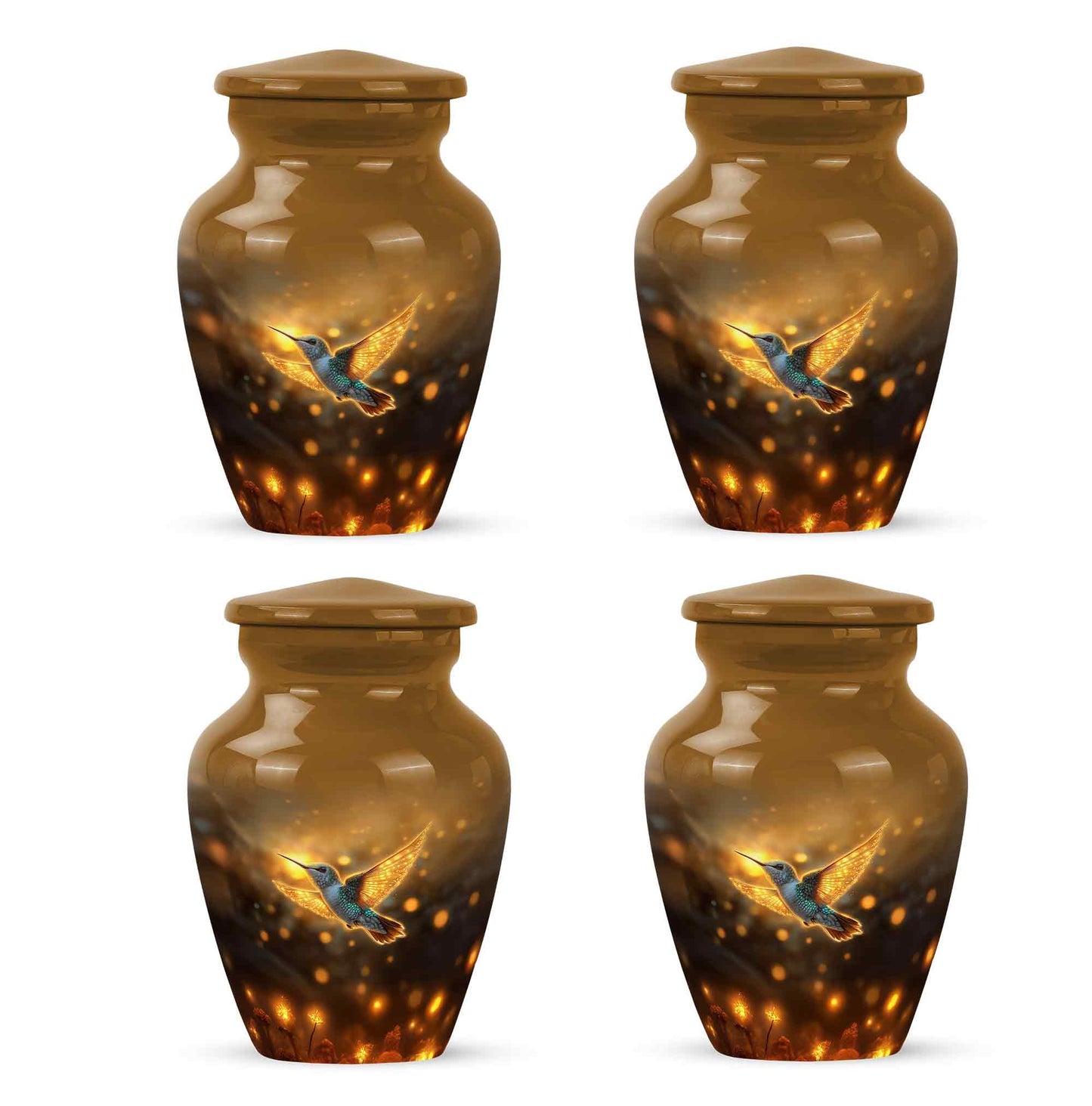 Warm Gold Hummingbird Cremation Urn side profile showing urn shape - elegant classic hummingbird relief with fine detailing - 10 inch aluminum urn for cremated remains