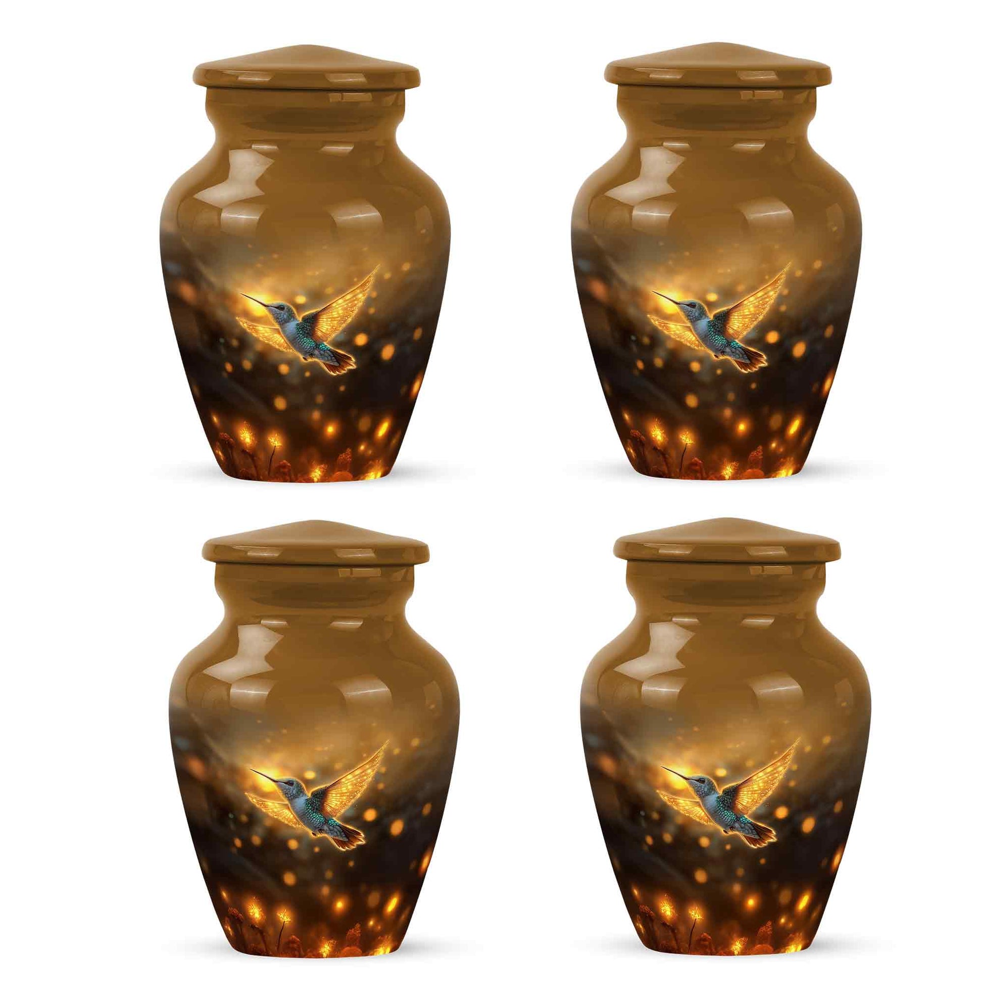 Warm Gold Hummingbird Cremation Urn side profile showing urn shape - elegant classic hummingbird relief with fine detailing - 10 inch aluminum urn for cremated remains