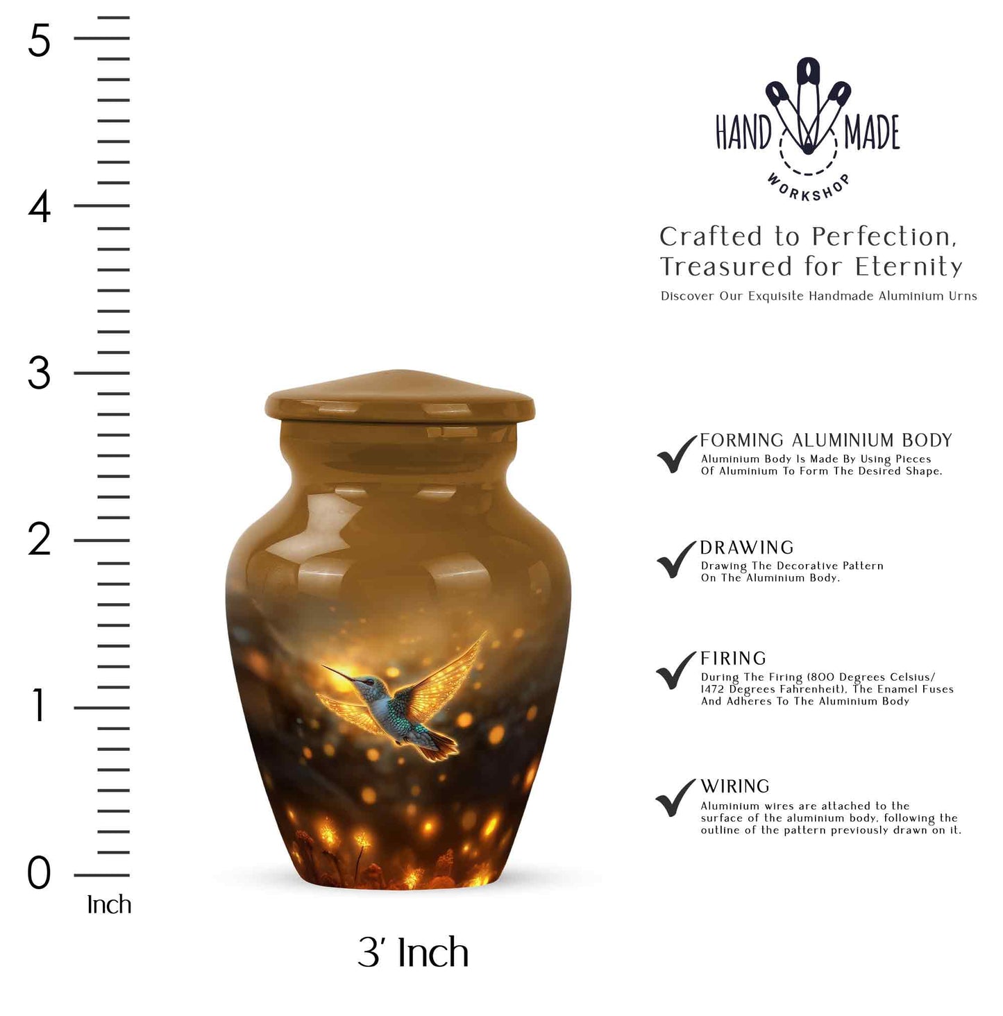 Warm Gold Hummingbird Cremation Urn close-up of engraving and surface detail - traditional hummingbird engraving with hand-polished finish - mini keepsake memorial for portion of cremation ashes
