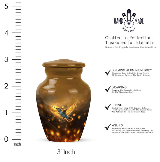 Warm Gold Hummingbird Cremation Urn close-up of engraving and surface detail - traditional hummingbird engraving with hand-polished finish - mini keepsake memorial for portion of cremation ashes