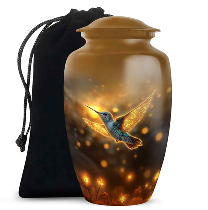 Warm Gold Hummingbird Cremation Urn angled view of lid and engraved motif - elegant classic hummingbird relief with fine detailing - full-size 10 inch 200 cubic inch adult cremation urn