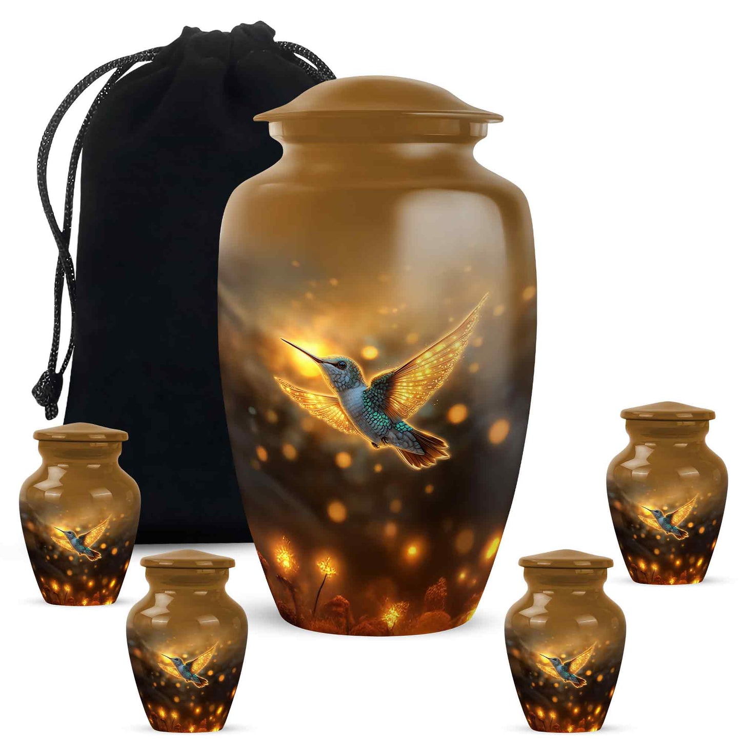 Gilded Gold Hummingbird Cremation Urn top-down view of secure threaded lid - classic sculpted hummingbird pattern on smooth aluminum - memorial set with one large and four small urns