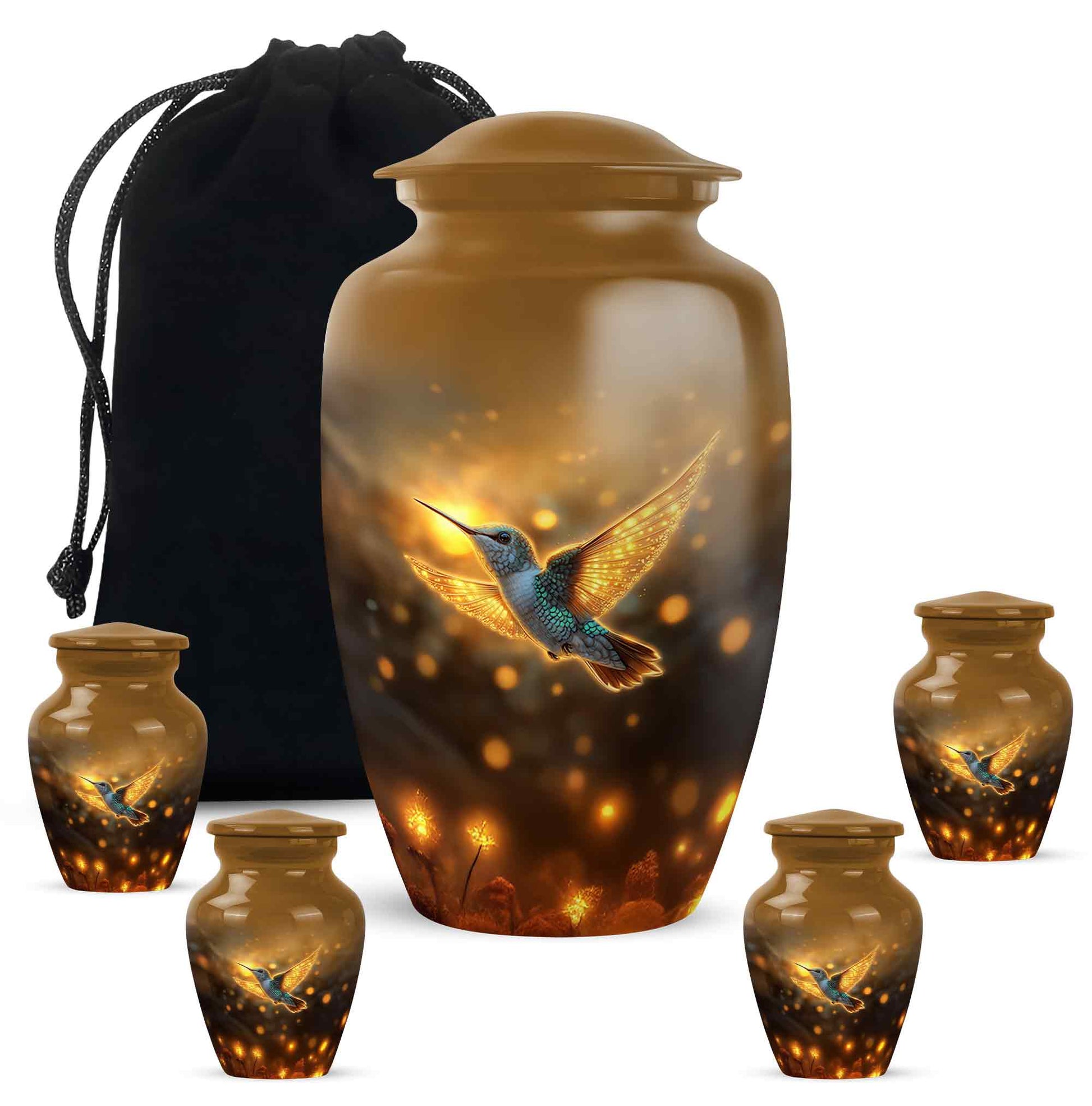 Gilded Gold Hummingbird Cremation Urn top-down view of secure threaded lid - classic sculpted hummingbird pattern on smooth aluminum - memorial set with one large and four small urns