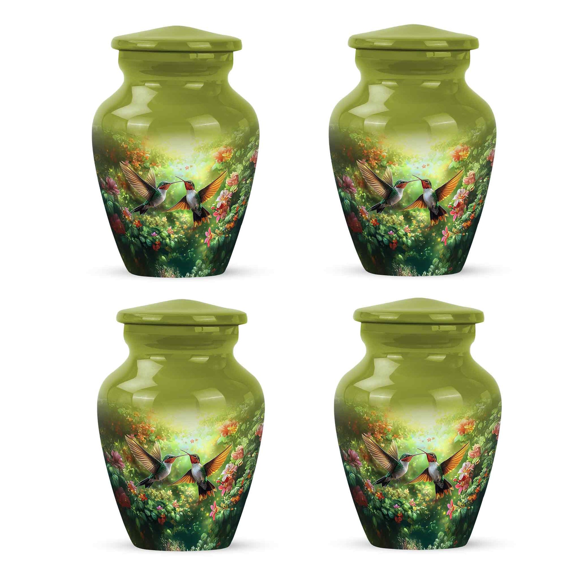 Marigold Yellow Hummingbird Cremation Urn side profile showing urn shape - elegant classic hummingbird relief with fine detailing - 10 inch aluminum urn for cremated remains