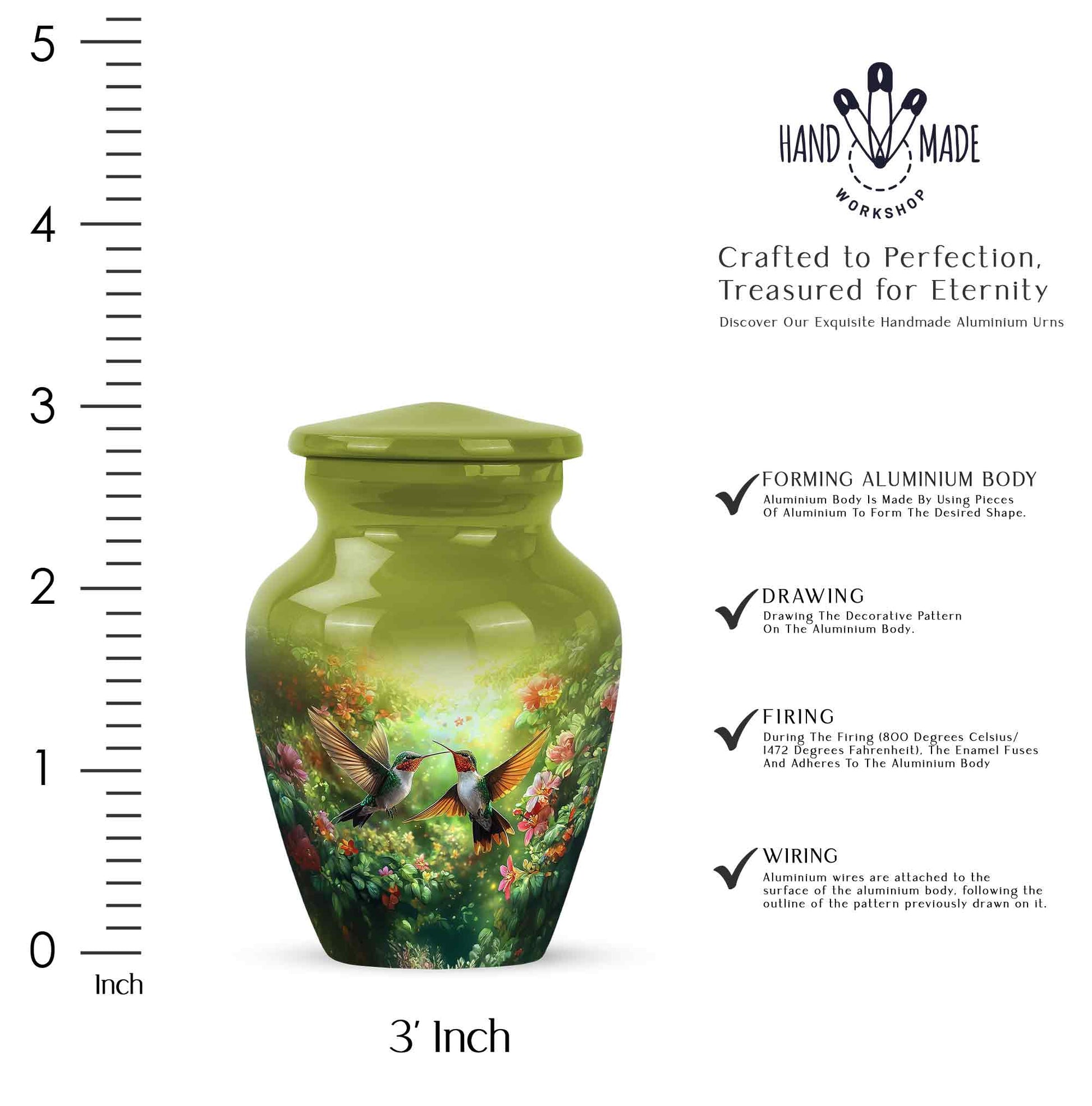 Buttercup Yellow Hummingbird Cremation Urn close-up of engraving and surface detail - classic sculpted hummingbird pattern on smooth aluminum - mini keepsake memorial for portion of cremation ashes