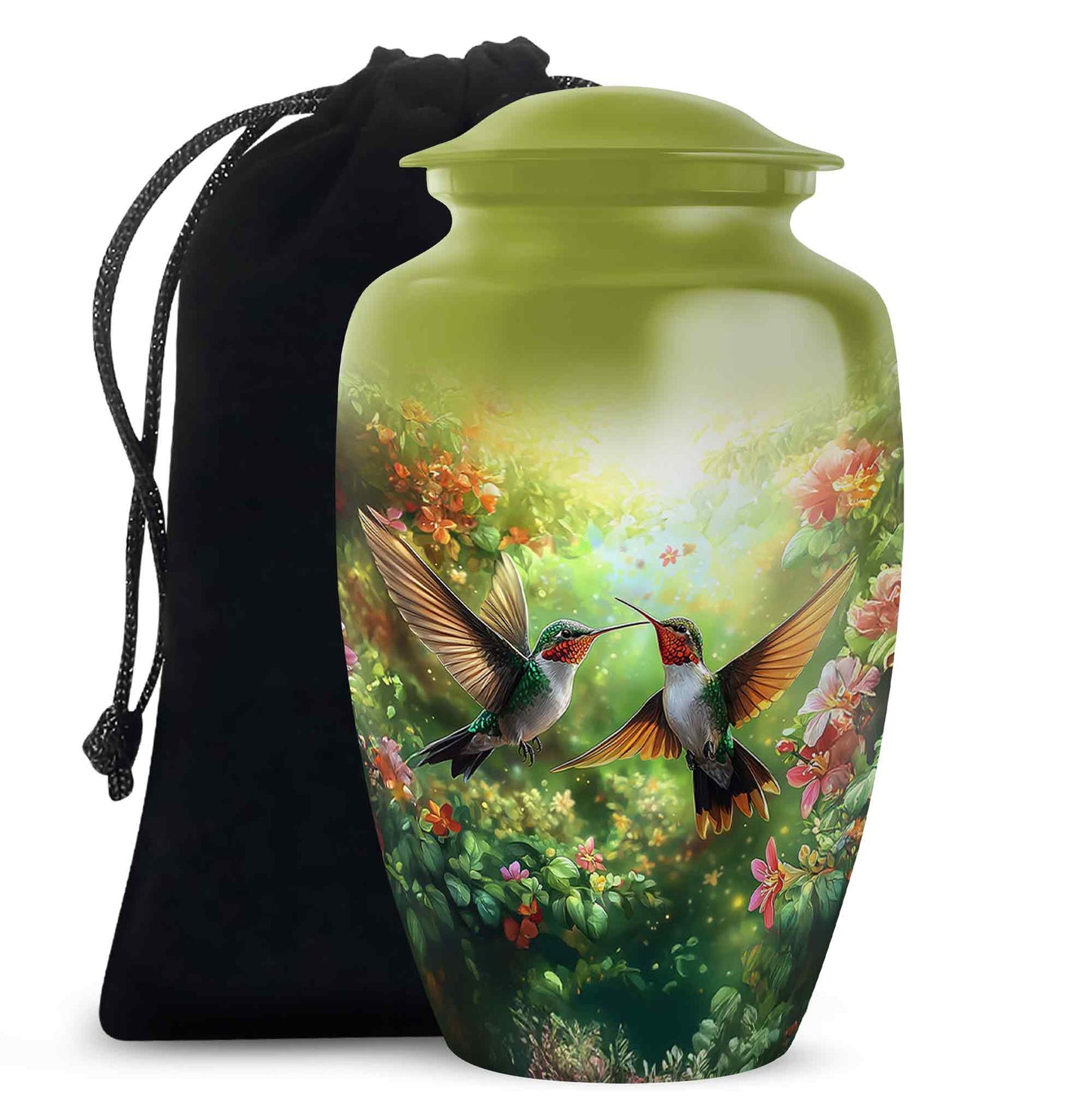 Amber Yellow Hummingbird Cremation Urn angled view of lid and engraved motif - timeless hummingbird motif etched into premium metal - full-size 10 inch 200 cubic inch adult cremation urn