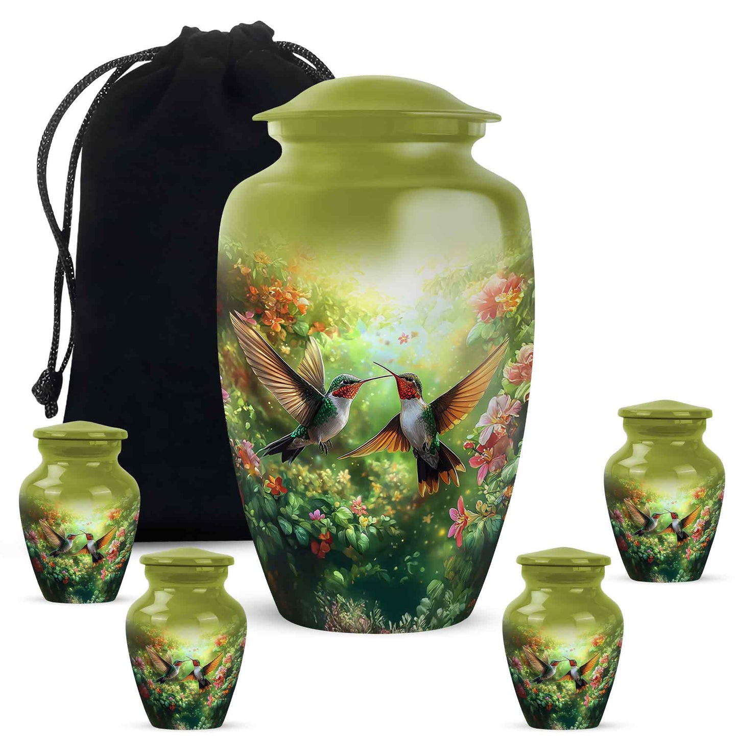 Lemon Yellow Hummingbird Cremation Urn top-down view of secure threaded lid - elegant classic hummingbird relief with fine detailing - memorial set with one large and four small urns