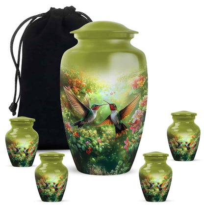 Lemon Yellow Hummingbird Cremation Urn top-down view of secure threaded lid - elegant classic hummingbird relief with fine detailing - memorial set with one large and four small urns
