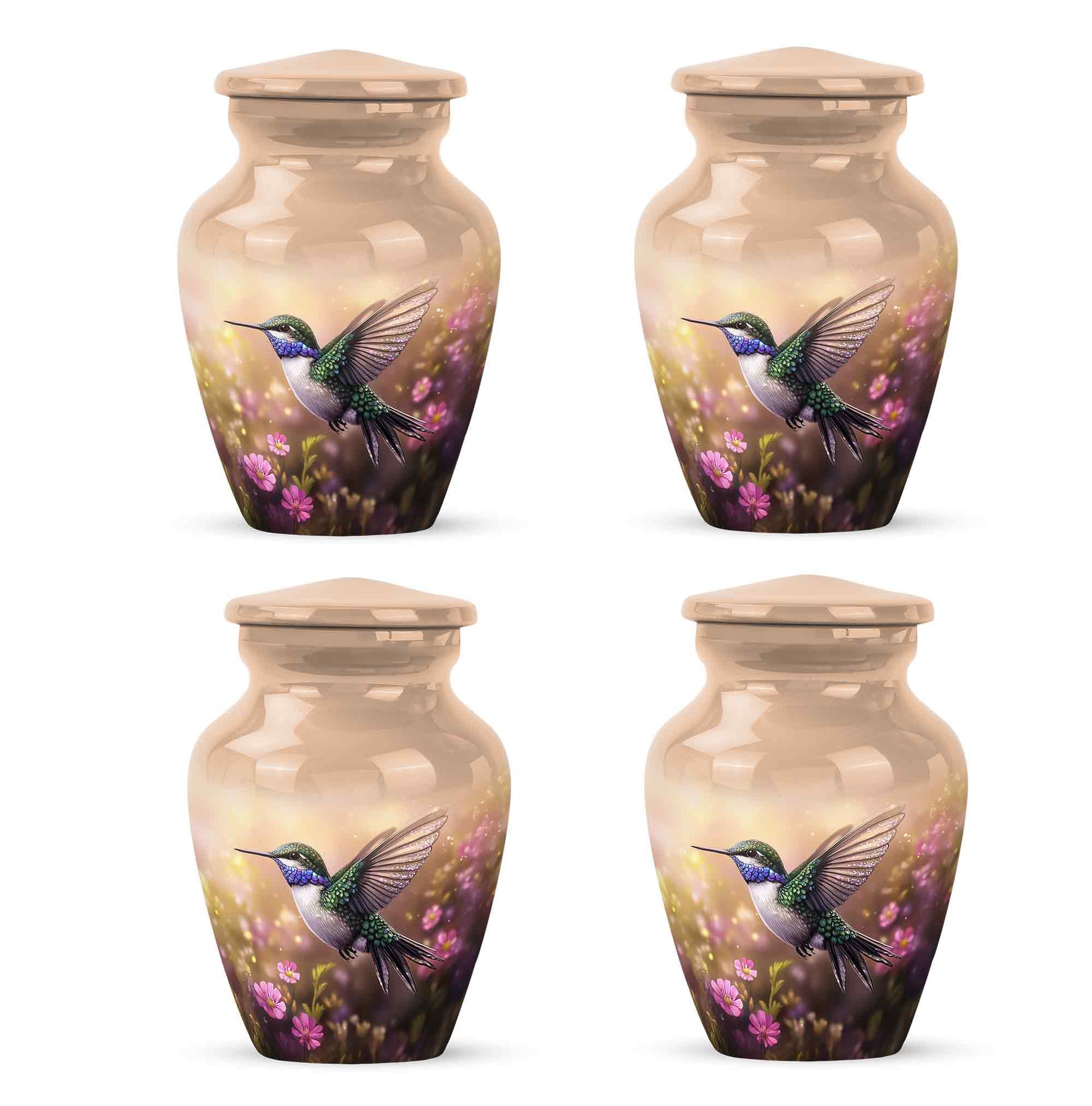 Sunrise Gold Hummingbird Cremation Urn side profile showing urn shape - classic sculpted hummingbird pattern on smooth aluminum - 10 inch aluminum urn for cremated remains