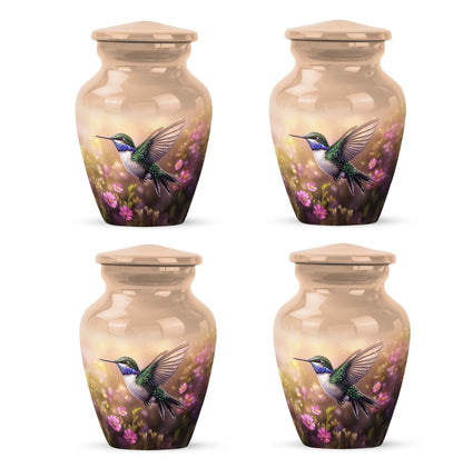 Sunrise Gold Hummingbird Cremation Urn side profile showing urn shape - classic sculpted hummingbird pattern on smooth aluminum - 10 inch aluminum urn for cremated remains