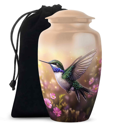 Warm Gold Hummingbird Cremation Urn angled view of lid and engraved motif - traditional hummingbird engraving with hand-polished finish - full-size 10 inch 200 cubic inch adult cremation urn
