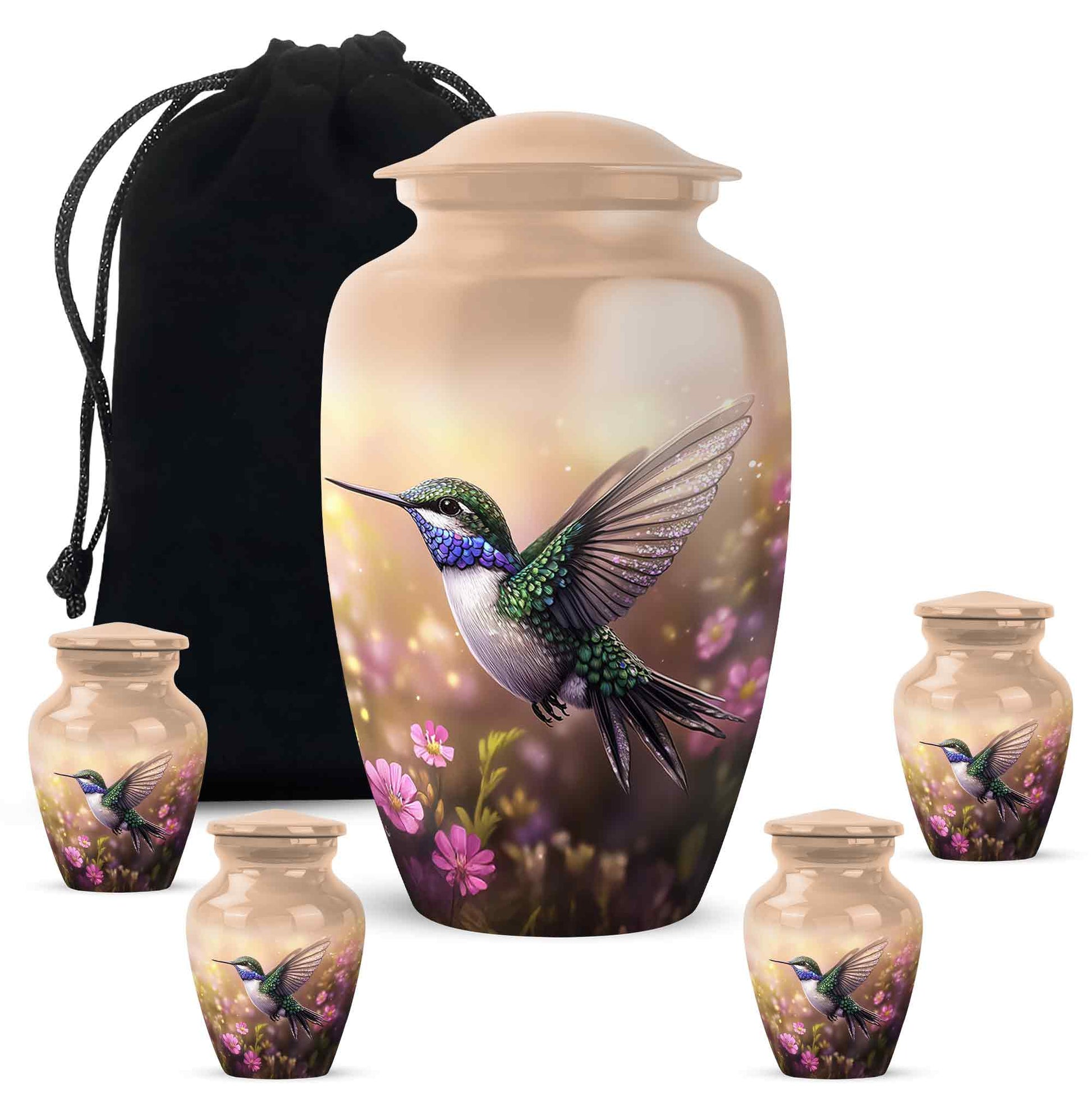 Burnished Gold Hummingbird Cremation Urn top-down view of secure threaded lid - elegant classic hummingbird relief with fine detailing - memorial set with one large and four small urns