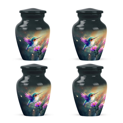 Deep Teal Hummingbird Cremation Urn side profile showing urn shape - elegant classic hummingbird relief with fine detailing - 10 inch aluminum urn for cremated remains