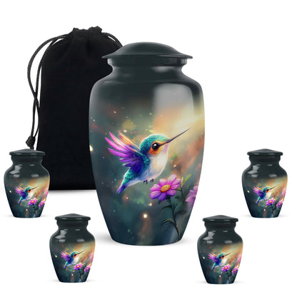 Jewel Teal Hummingbird Cremation Urn top-down view of secure threaded lid - classic sculpted hummingbird pattern on smooth aluminum - memorial set with one large and four small urns