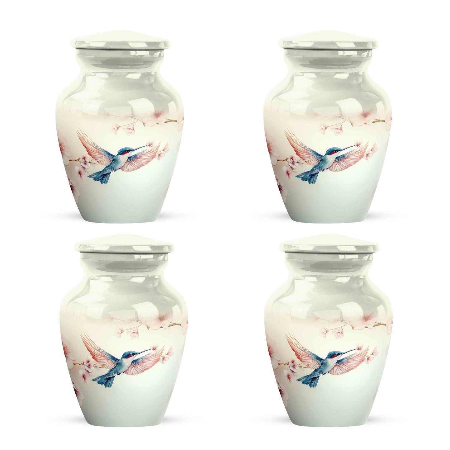 Porcelain White Hummingbird Cremation Urn side profile showing urn shape - elegant classic hummingbird relief with fine detailing - 10 inch aluminum urn for cremated remains