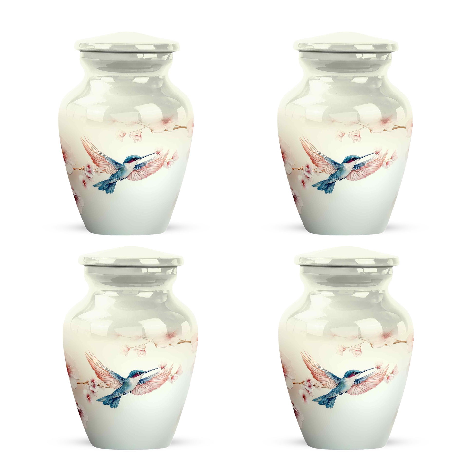 Porcelain White Hummingbird Cremation Urn side profile showing urn shape - elegant classic hummingbird relief with fine detailing - 10 inch aluminum urn for cremated remains