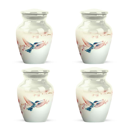 Porcelain White Hummingbird Cremation Urn side profile showing urn shape - elegant classic hummingbird relief with fine detailing - 10 inch aluminum urn for cremated remains