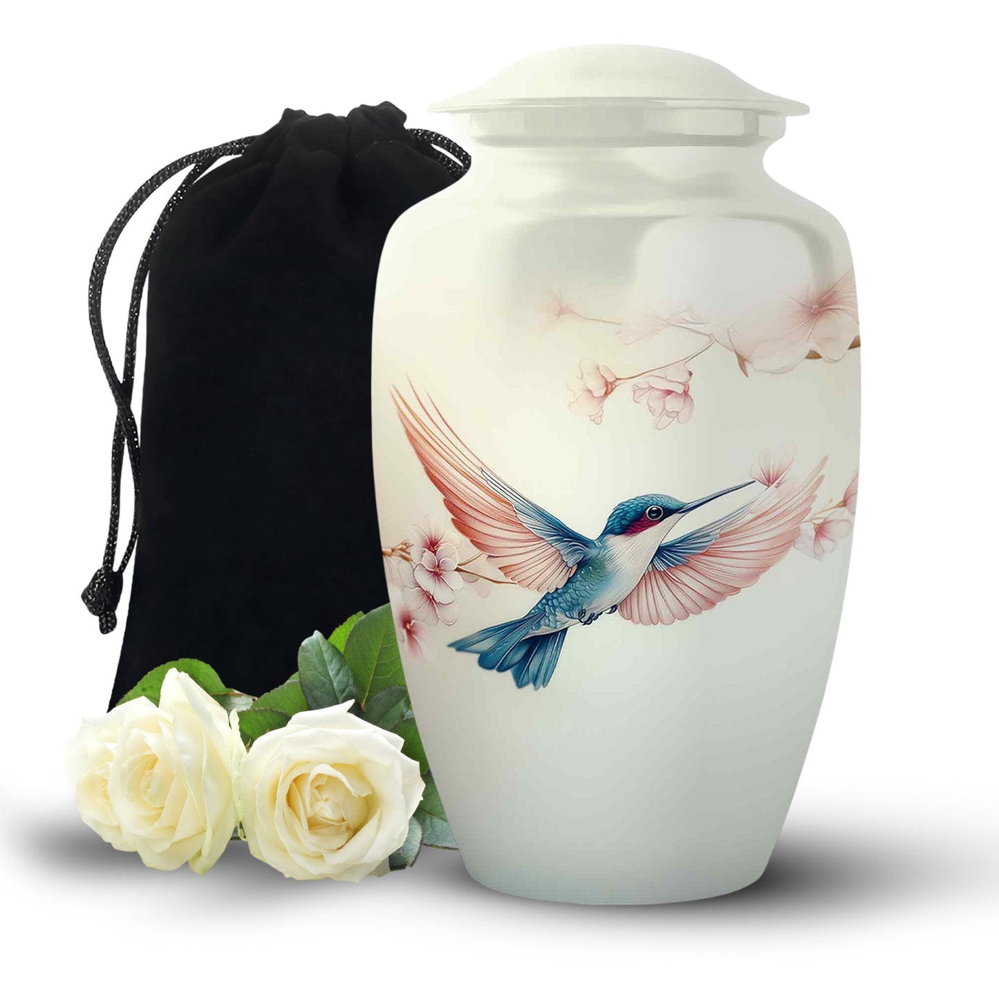 Ivory White Hummingbird Cremation Urn angled view of lid and engraved motif - classic sculpted hummingbird pattern on smooth aluminum - full-size 10 inch 200 cubic inch adult cremation urn