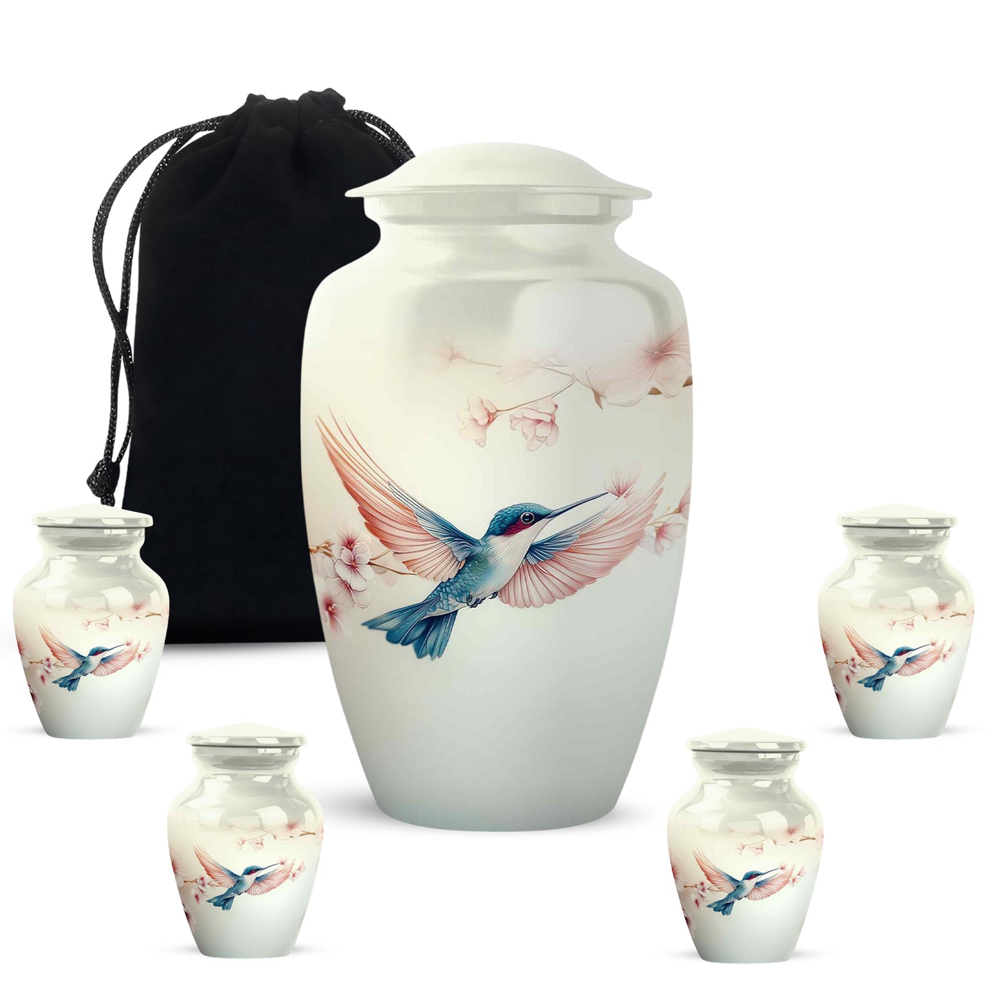 Cloud White Hummingbird Cremation Urn top-down view of secure threaded lid - traditional hummingbird engraving with hand-polished finish - memorial set with one large and four small urns