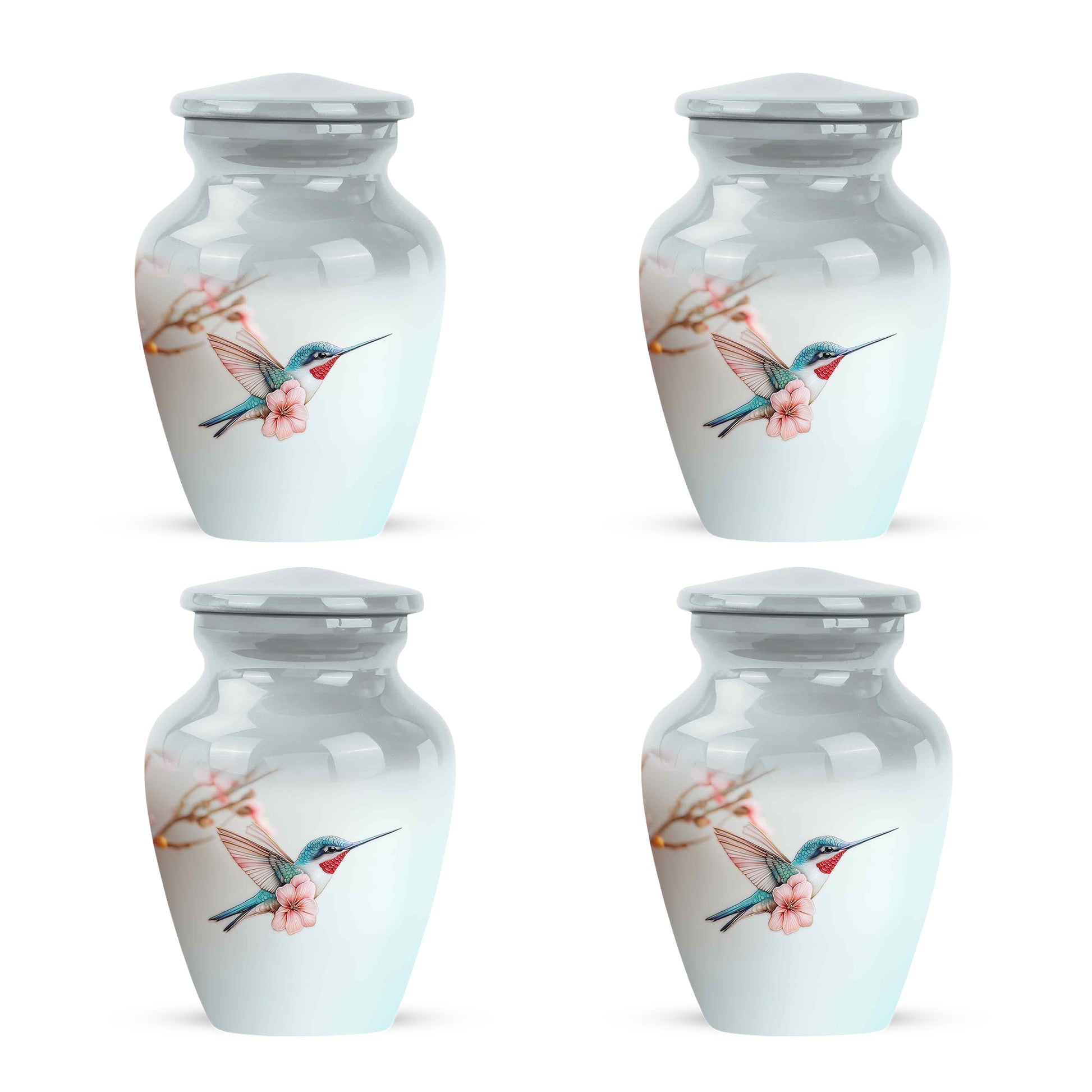 Moonlight Silver Hummingbird Cremation Urn side profile showing urn shape - traditional hummingbird engraving with hand-polished finish - 10 inch aluminum urn for cremated remains