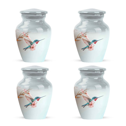 Moonlight Silver Hummingbird Cremation Urn side profile showing urn shape - traditional hummingbird engraving with hand-polished finish - 10 inch aluminum urn for cremated remains