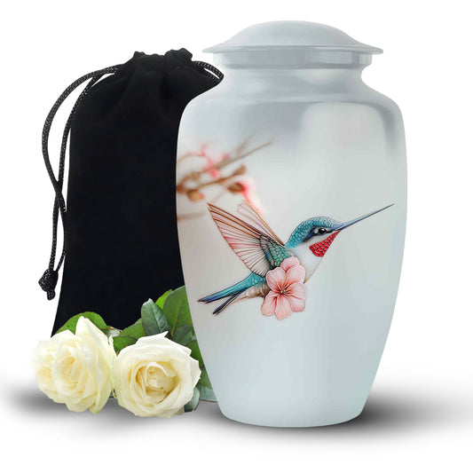 Gleaming Silver Hummingbird Cremation Urn angled view of lid and engraved motif - timeless hummingbird motif etched into premium metal - full-size 10 inch 200 cubic inch adult cremation urn