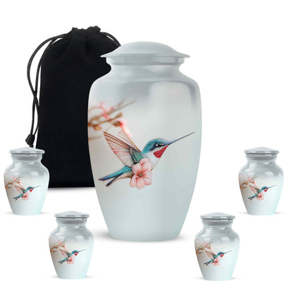 Gleaming Silver Hummingbird Cremation Urn top-down view of secure threaded lid - timeless hummingbird motif etched into premium metal - memorial set with one large and four small urns