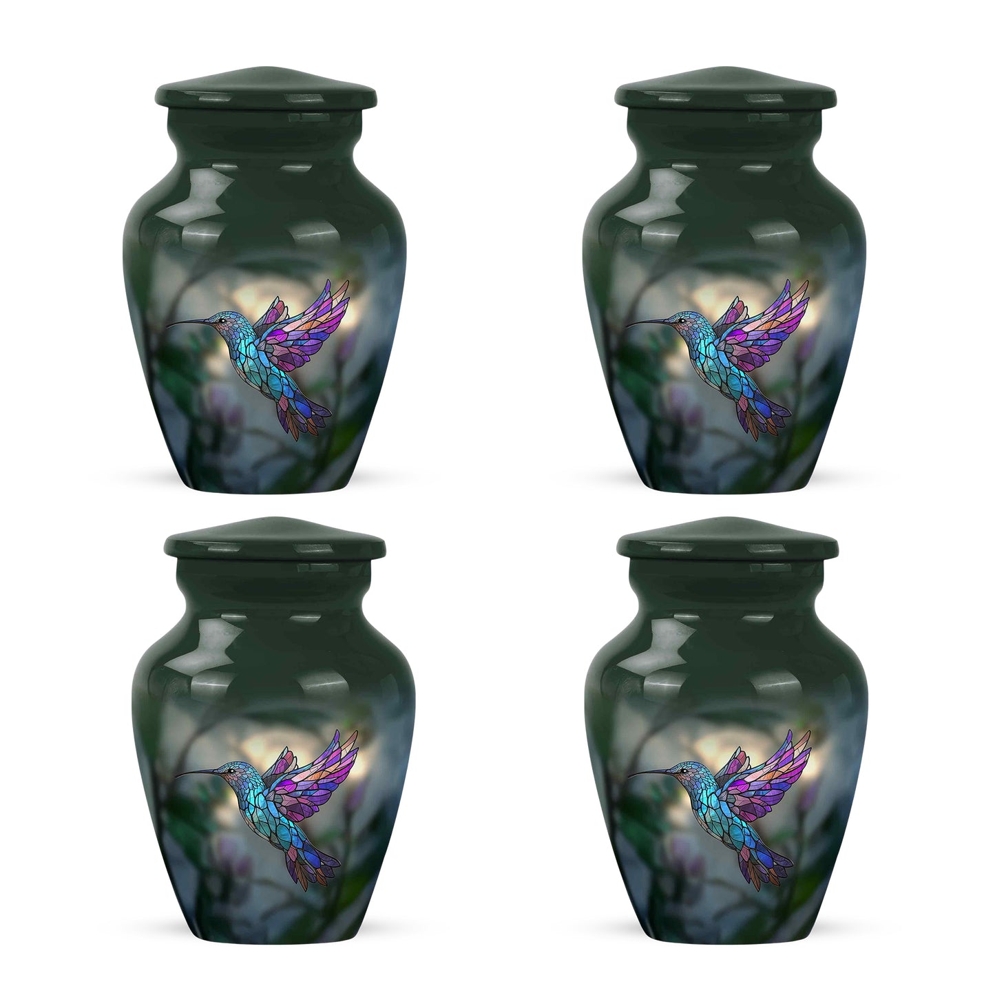Olive Green Hummingbird Cremation Urn side profile showing urn shape - traditional hummingbird engraving with hand-polished finish - 10 inch aluminum urn for cremated remains