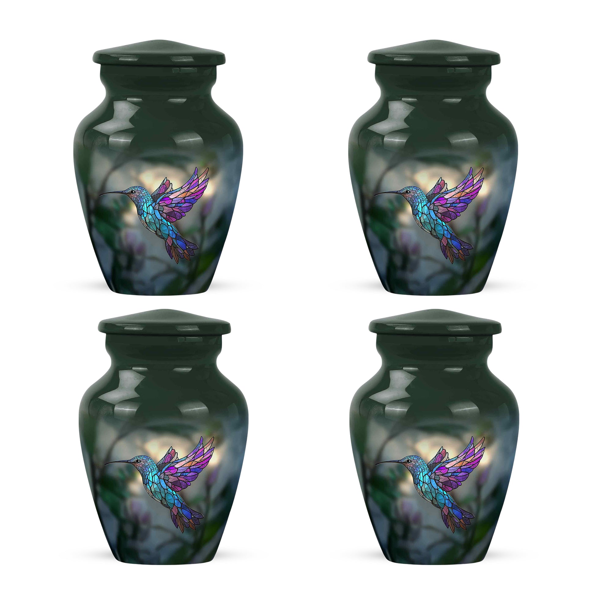 Olive Green Hummingbird Cremation Urn side profile showing urn shape - traditional hummingbird engraving with hand-polished finish - 10 inch aluminum urn for cremated remains