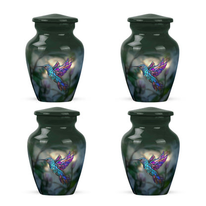 Olive Green Hummingbird Cremation Urn side profile showing urn shape - traditional hummingbird engraving with hand-polished finish - 10 inch aluminum urn for cremated remains
