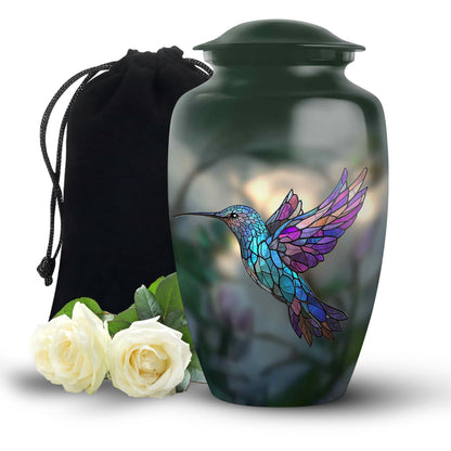 Olive Green Hummingbird Cremation Urn angled view of lid and engraved motif - traditional hummingbird engraving with hand-polished finish - full-size 10 inch 200 cubic inch adult cremation urn